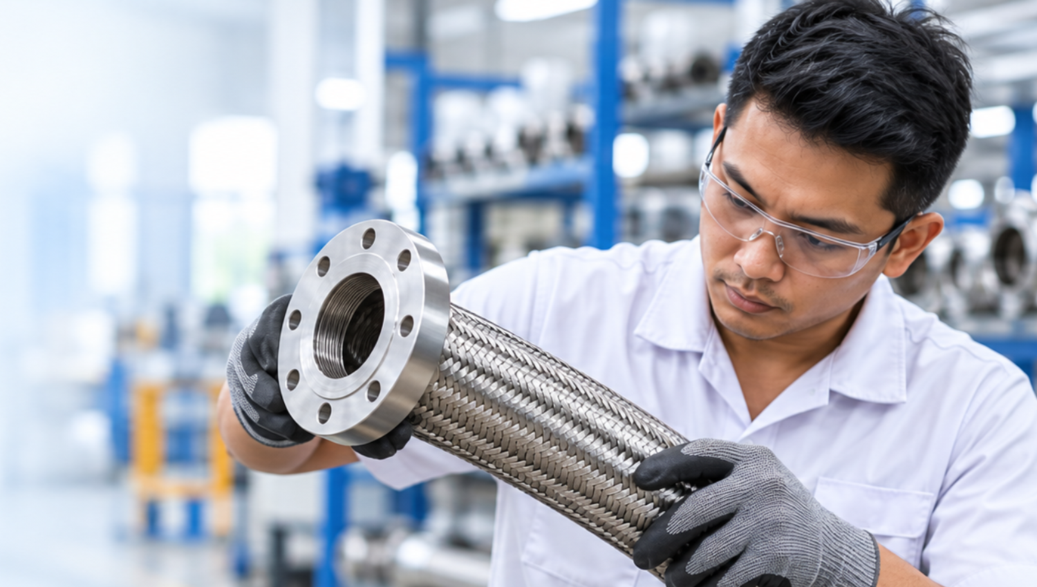 Mech Connextion technician inspecting a stainless steel flexible hose